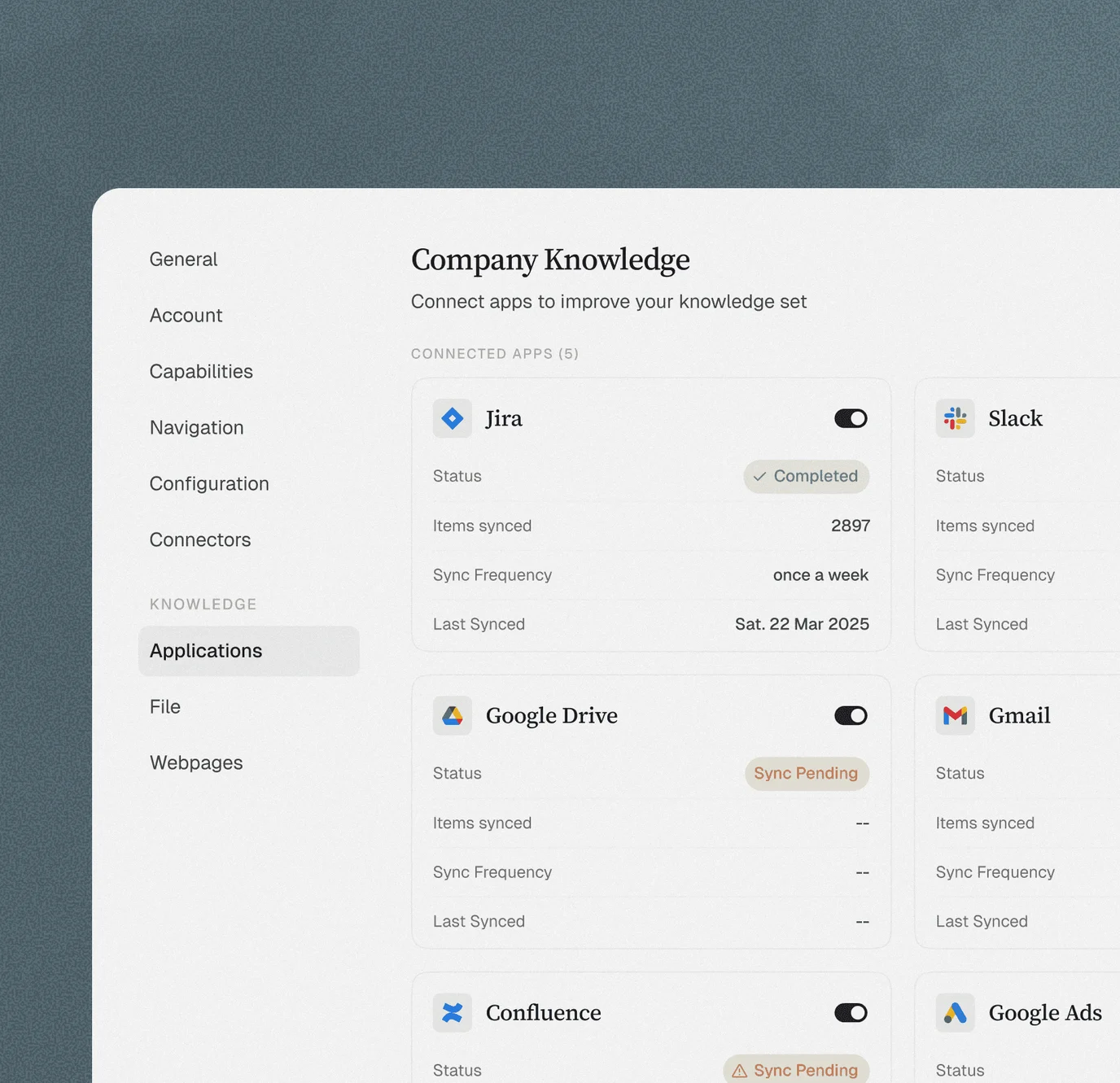 Connector setup screen